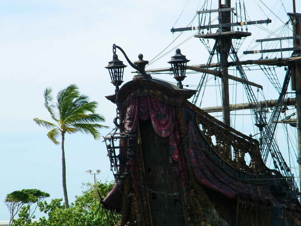 A life-size model of the Queen Anne’s Revenge, with dark wood and opulent carvings.